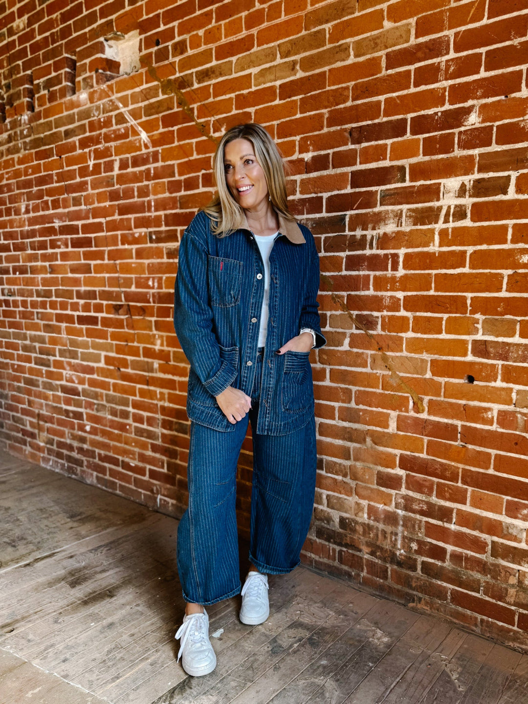 The Avery Pinstriped Barrel Jeans, Dark Wash