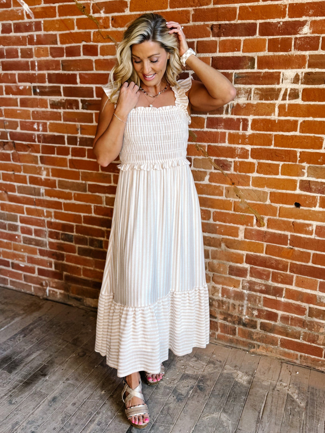 The Barely Blush Stripe Midi Dress, Light Khaki