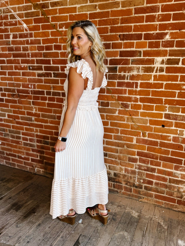 The Barely Blush Stripe Midi Dress, Light Khaki