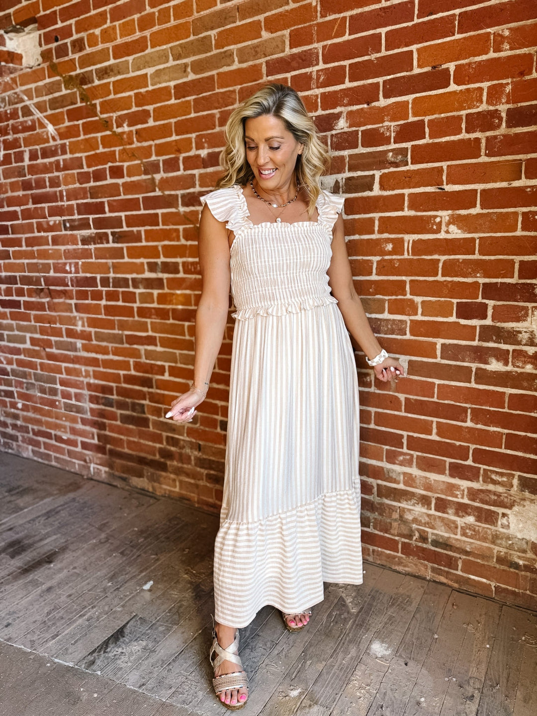 The Barely Blush Stripe Midi Dress, Light Khaki