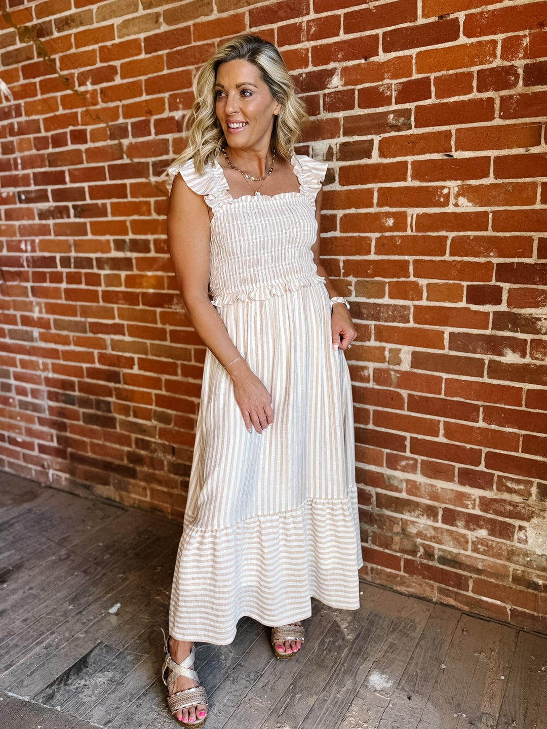 khaki midi dress The Barely Blush Stripe Midi Dress, Light Khaki Medium