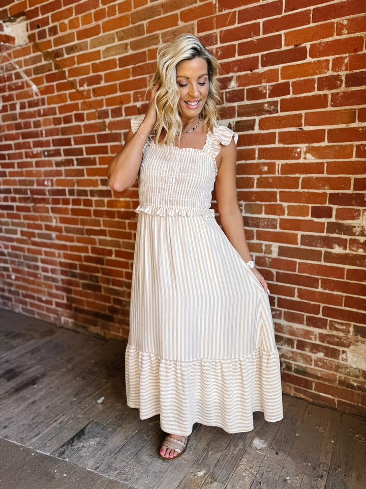 The Barely Blush Stripe Midi Dress, Light Khaki