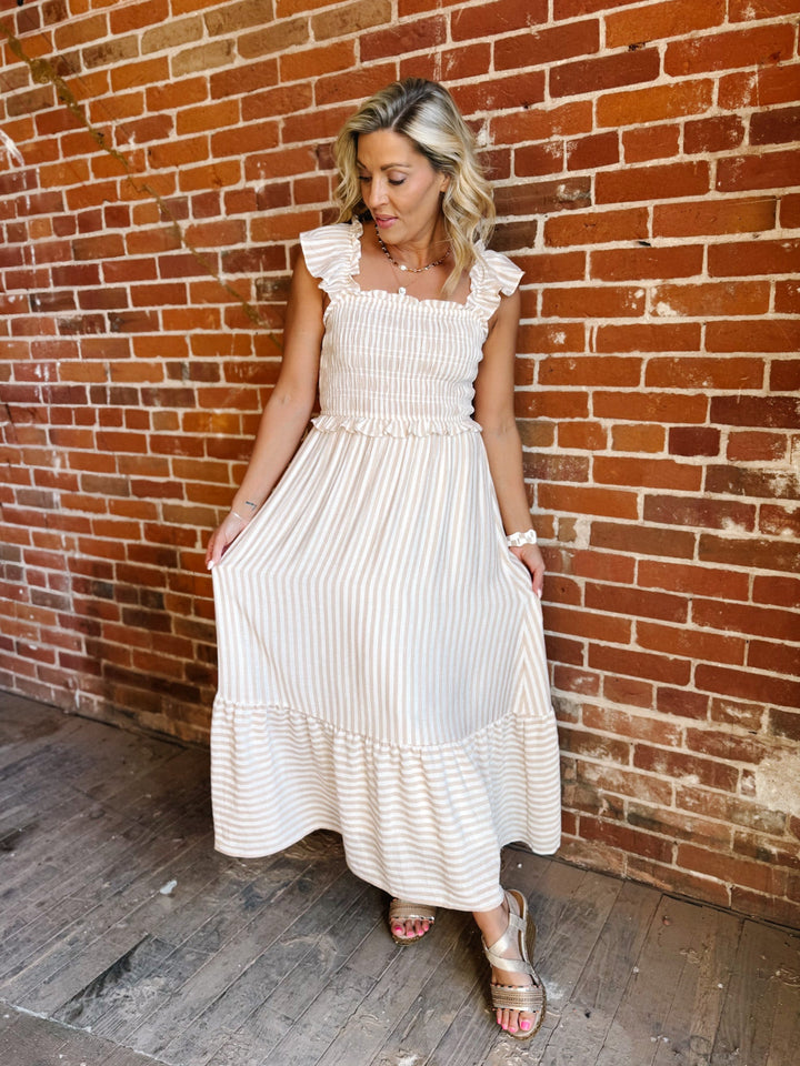 The Barely Blush Stripe Midi Dress, Light Khaki