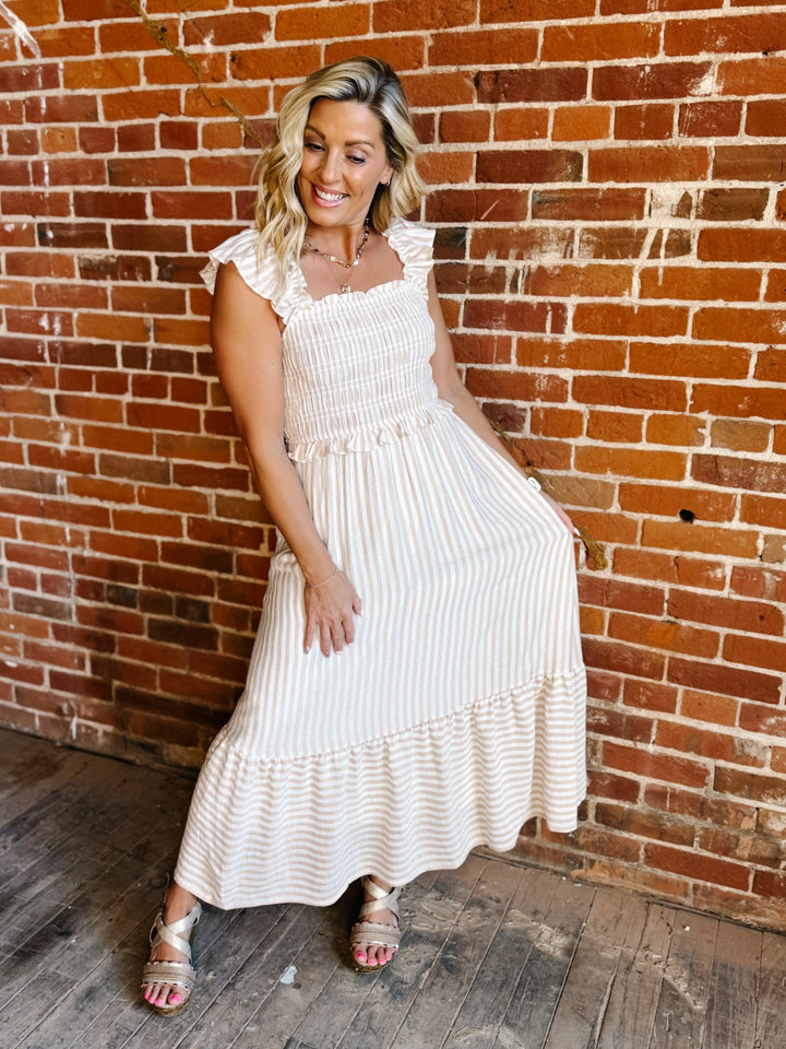 The Barely Blush Stripe Midi Dress, Light Khaki