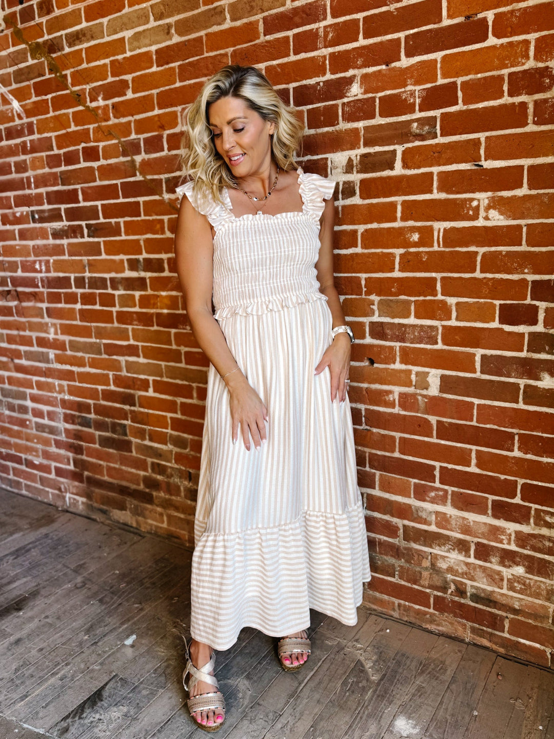 The Barely Blush Stripe Midi Dress, Light Khaki