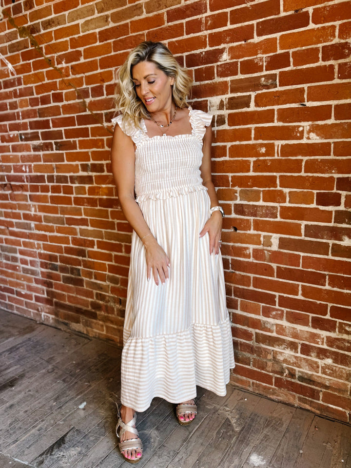 The Barely Blush Stripe Midi Dress, Light Khaki