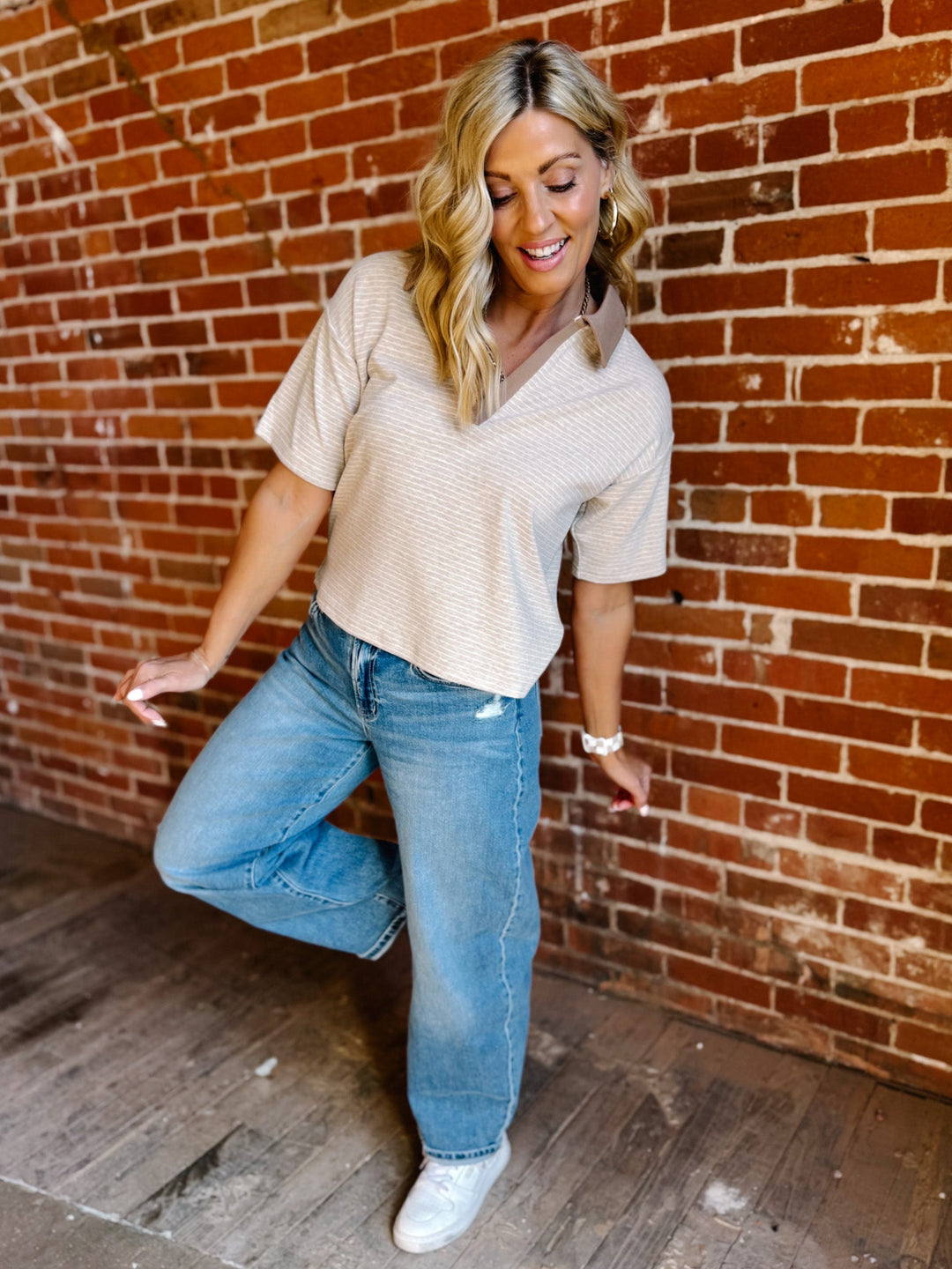 The Calix Dream Knit Polo Top by Thread & Supply, Tan/White