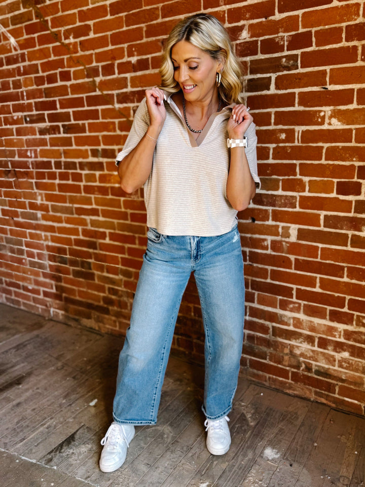 The Calix Dream Knit Polo Top by Thread & Supply, Tan/White