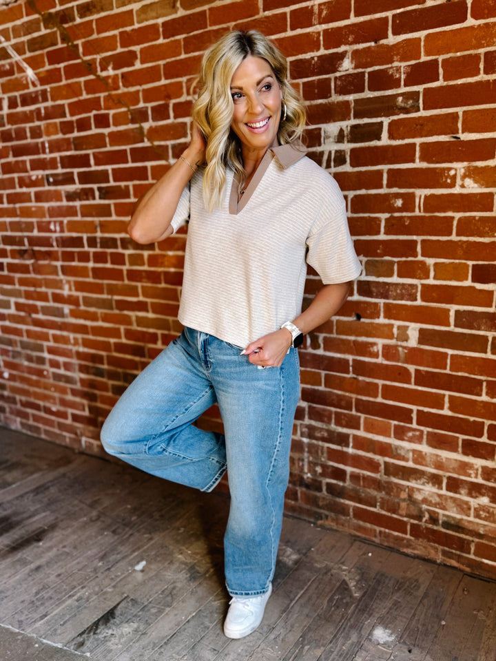 The Calix Dream Knit Polo Top by Thread & Supply, Tan/White