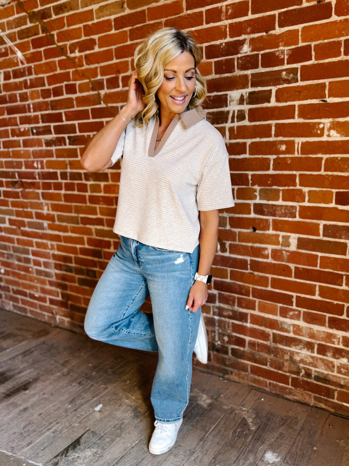 The Calix Dream Knit Polo Top by Thread & Supply, Tan/White