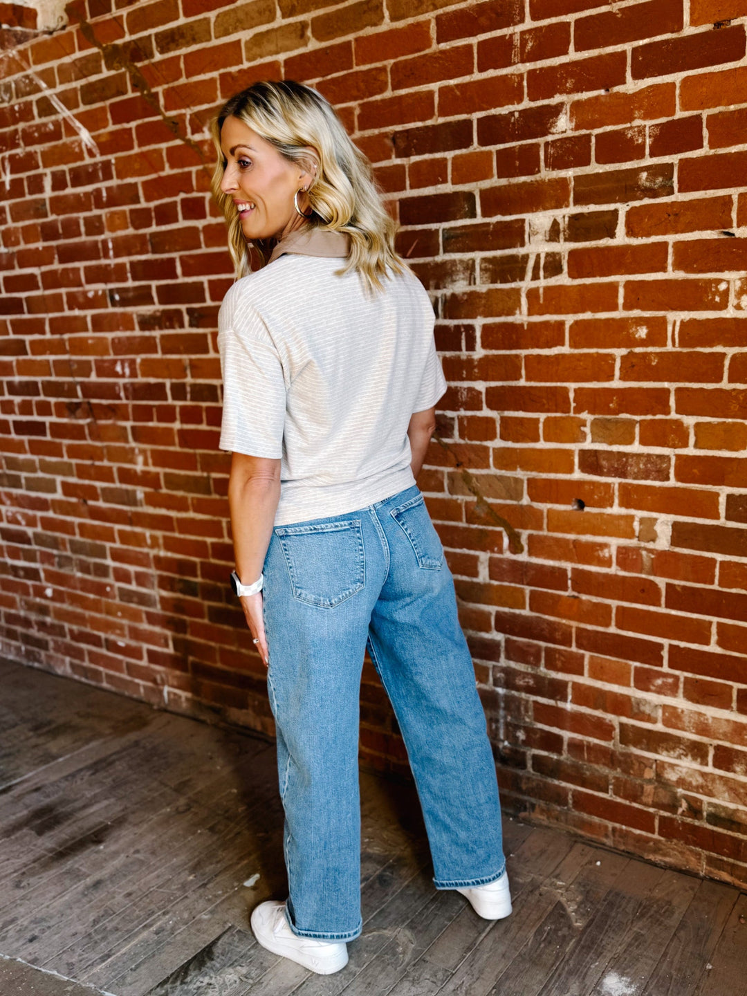 The Calix Dream Knit Polo Top by Thread & Supply, Tan/White