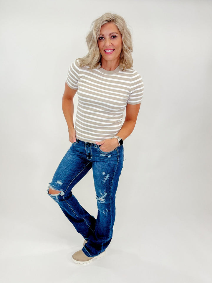 The Classic Striped Crewneck Top, Taupe