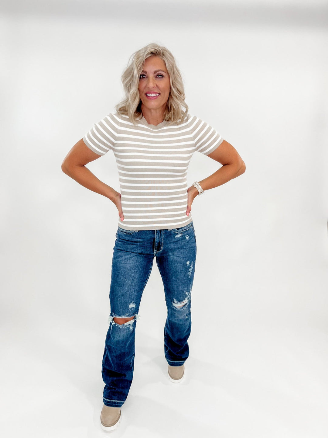 The Classic Striped Crewneck Top, Taupe