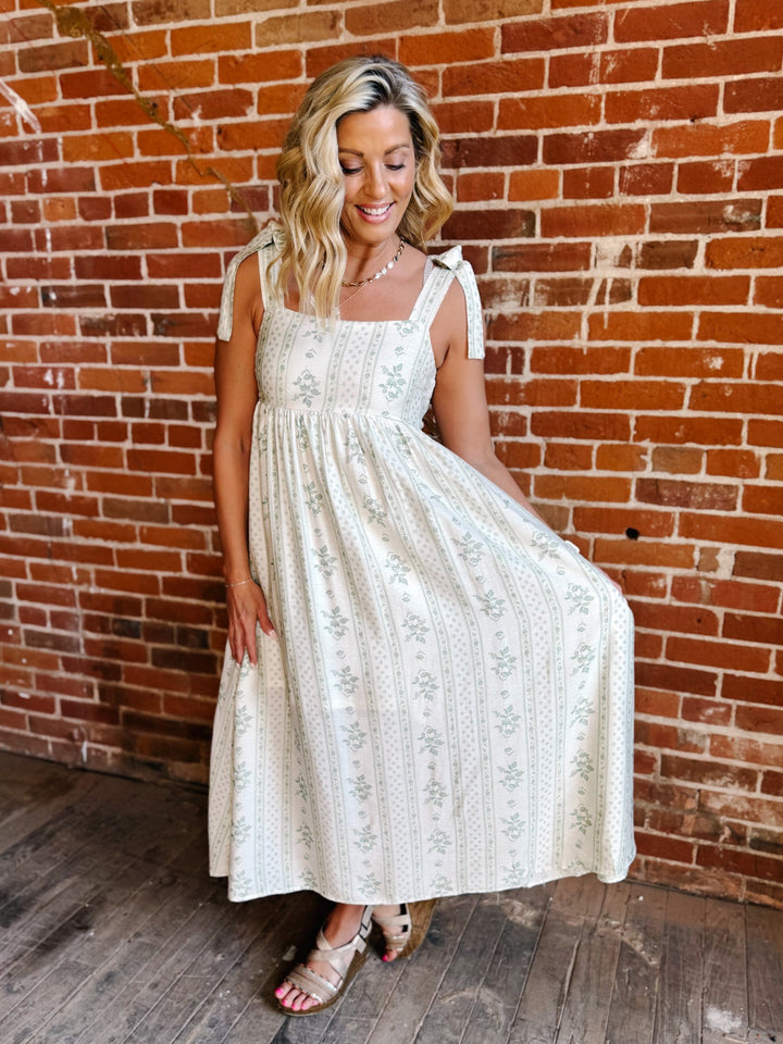 The Garden Path Floral Tie Strap Midi Dress, Light Olive