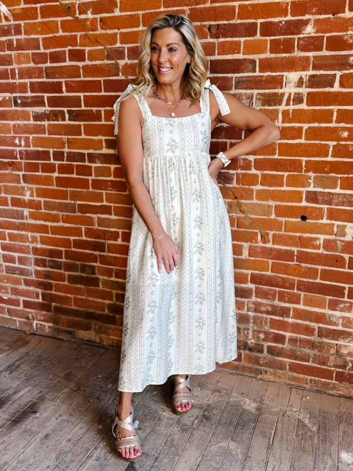 The Garden Path Floral Tie Strap Midi Dress, Light Olive