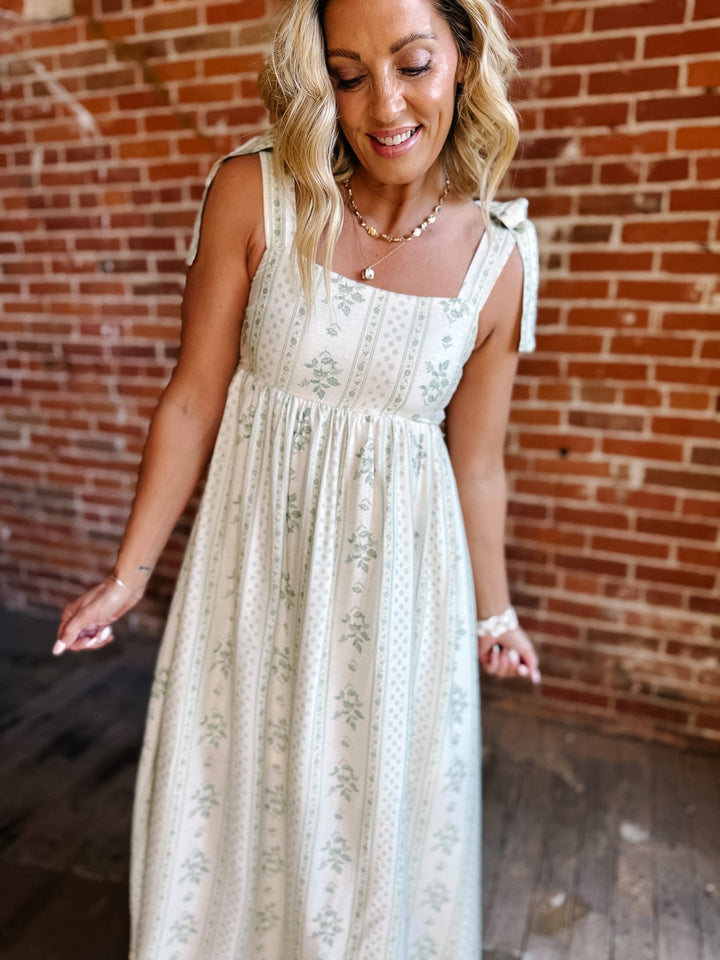 The Garden Path Floral Tie Strap Midi Dress, Light Olive