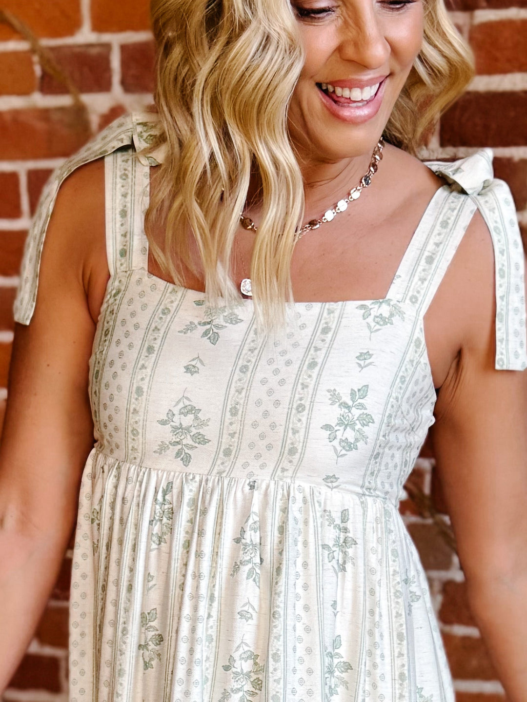 The Garden Path Floral Tie Strap Midi Dress, Light Olive