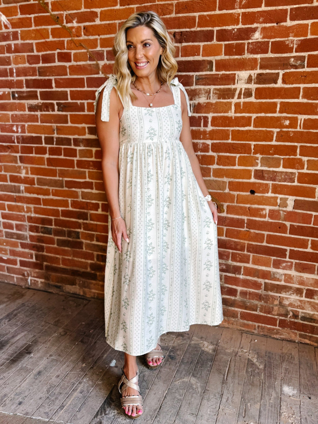 The Garden Path Floral Tie Strap Midi Dress, Light Olive