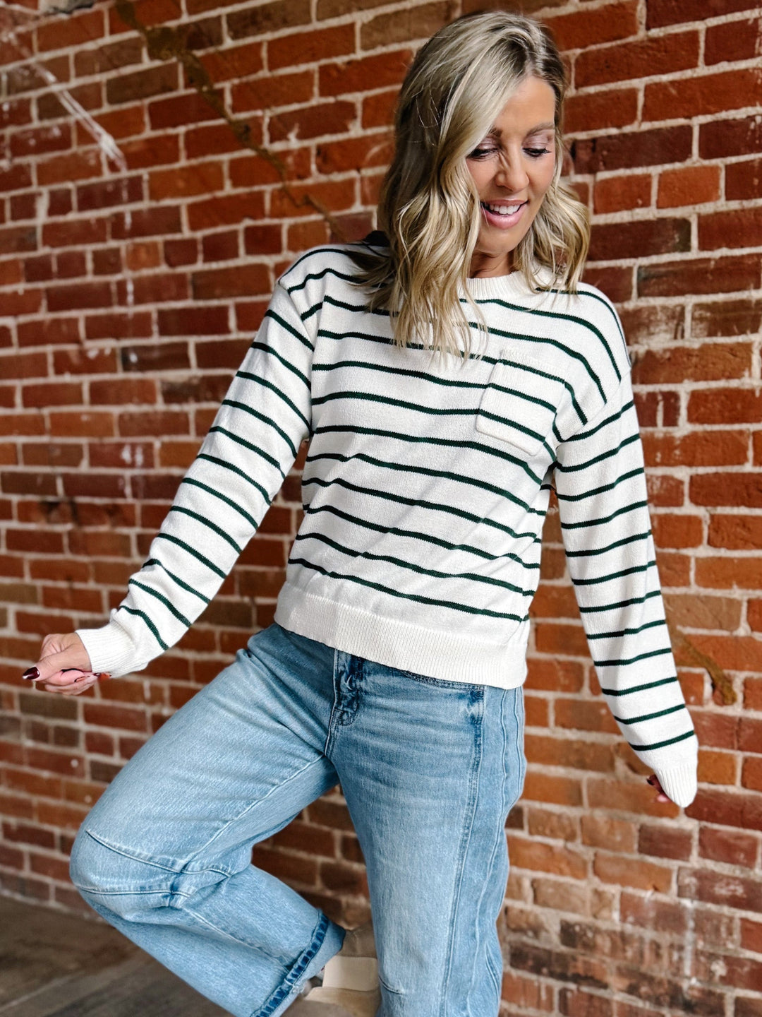 The Holly Striped Sweater, Cream/Green