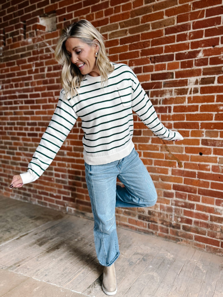 The Holly Striped Sweater, Cream/Green