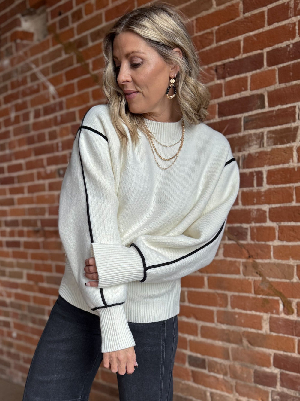 The Nova Contrast Stitch Sweater, Cream and Black