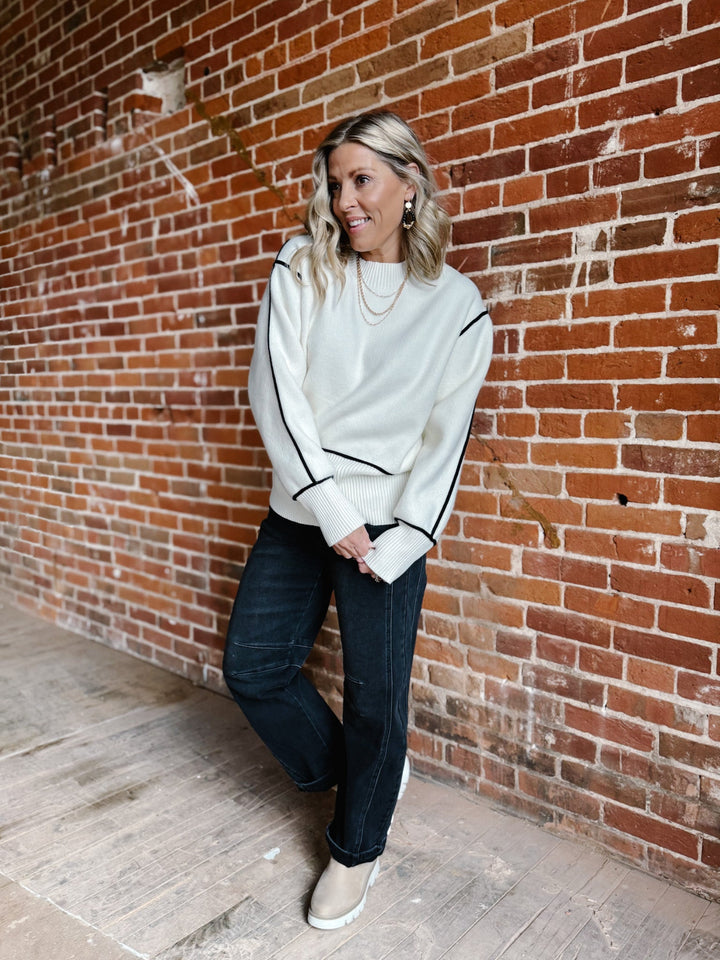 The Nova Contrast Stitch Sweater, Cream and Black