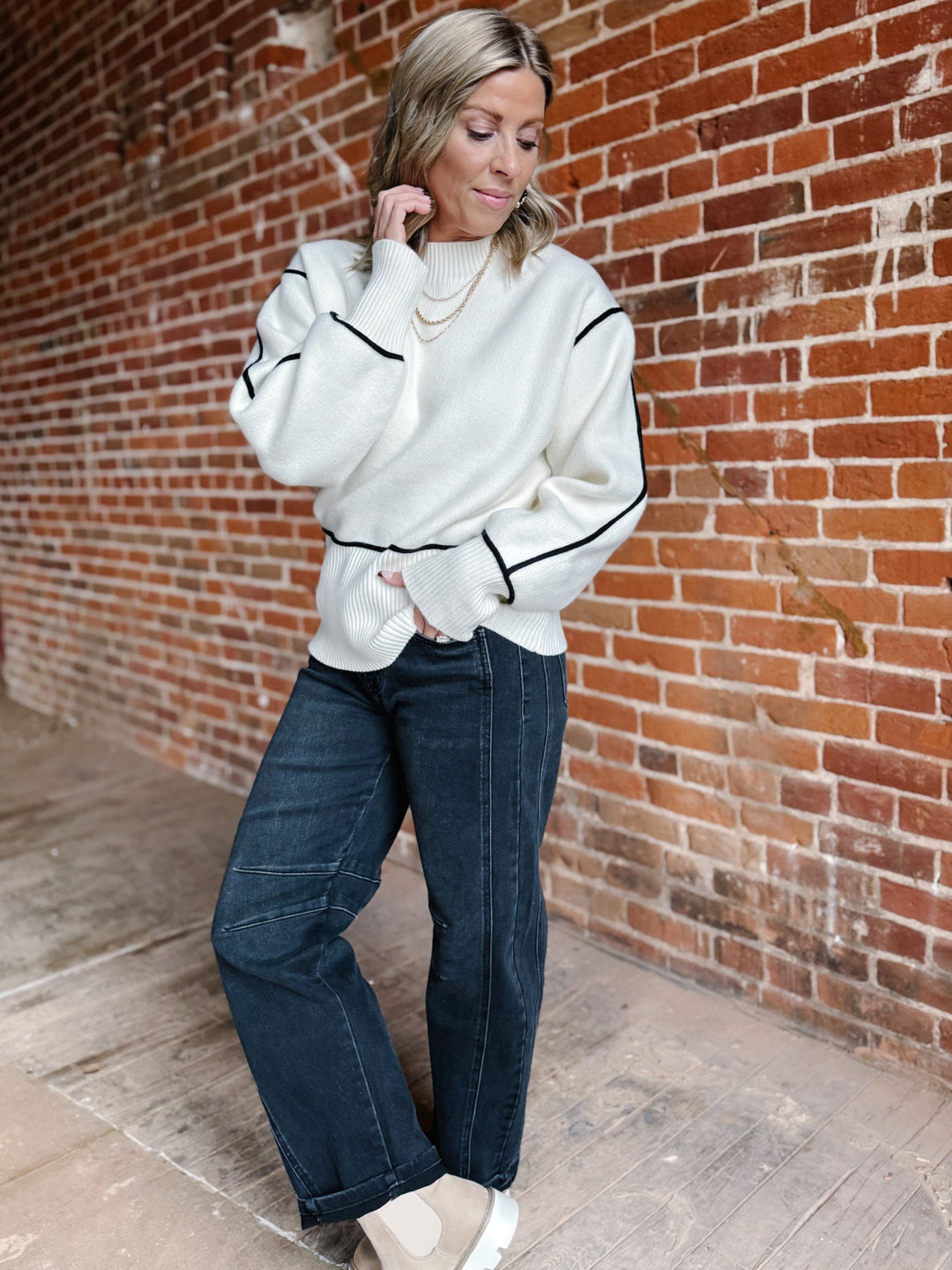 The Nova Contrast Stitch Sweater, Cream and Black