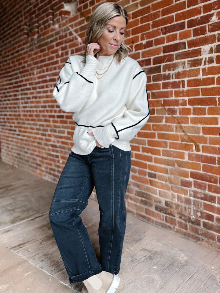 The Nova Contrast Stitch Sweater, Cream and Black