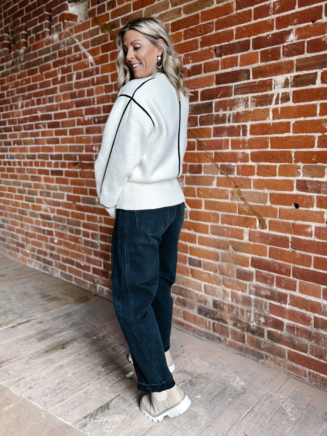 The Nova Contrast Stitch Sweater, Cream and Black