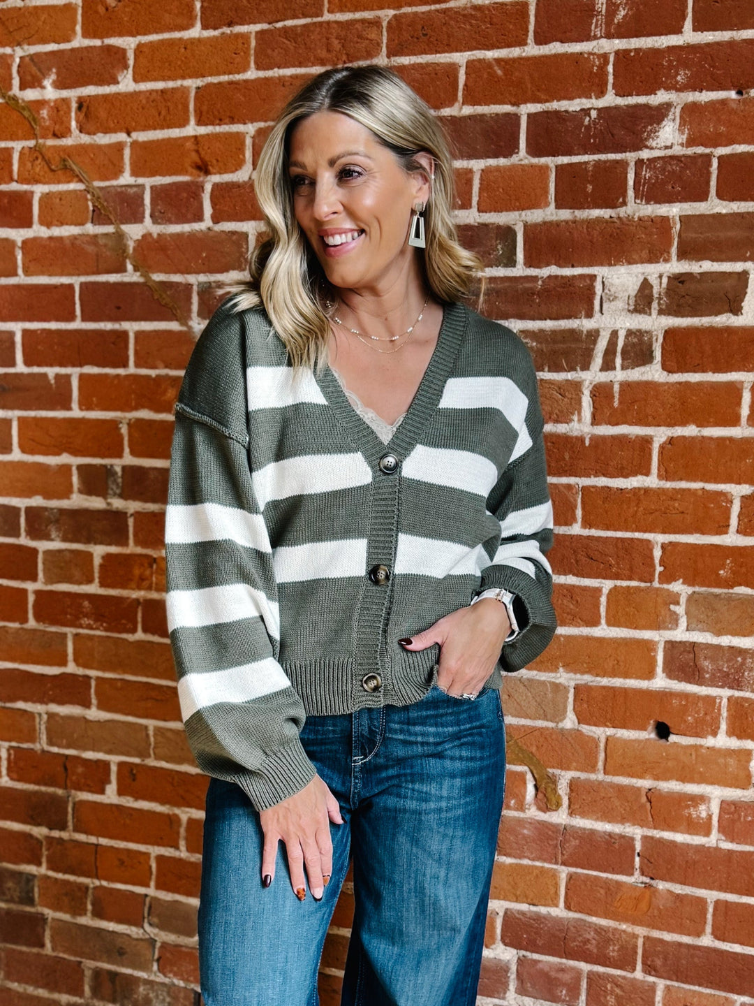 The Olive Lane Stiped Cardigan, Olive & Cream