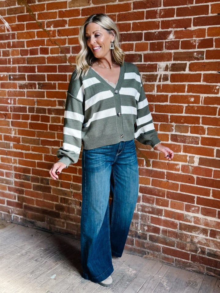 The Olive Lane Stiped Cardigan, Olive & Cream
