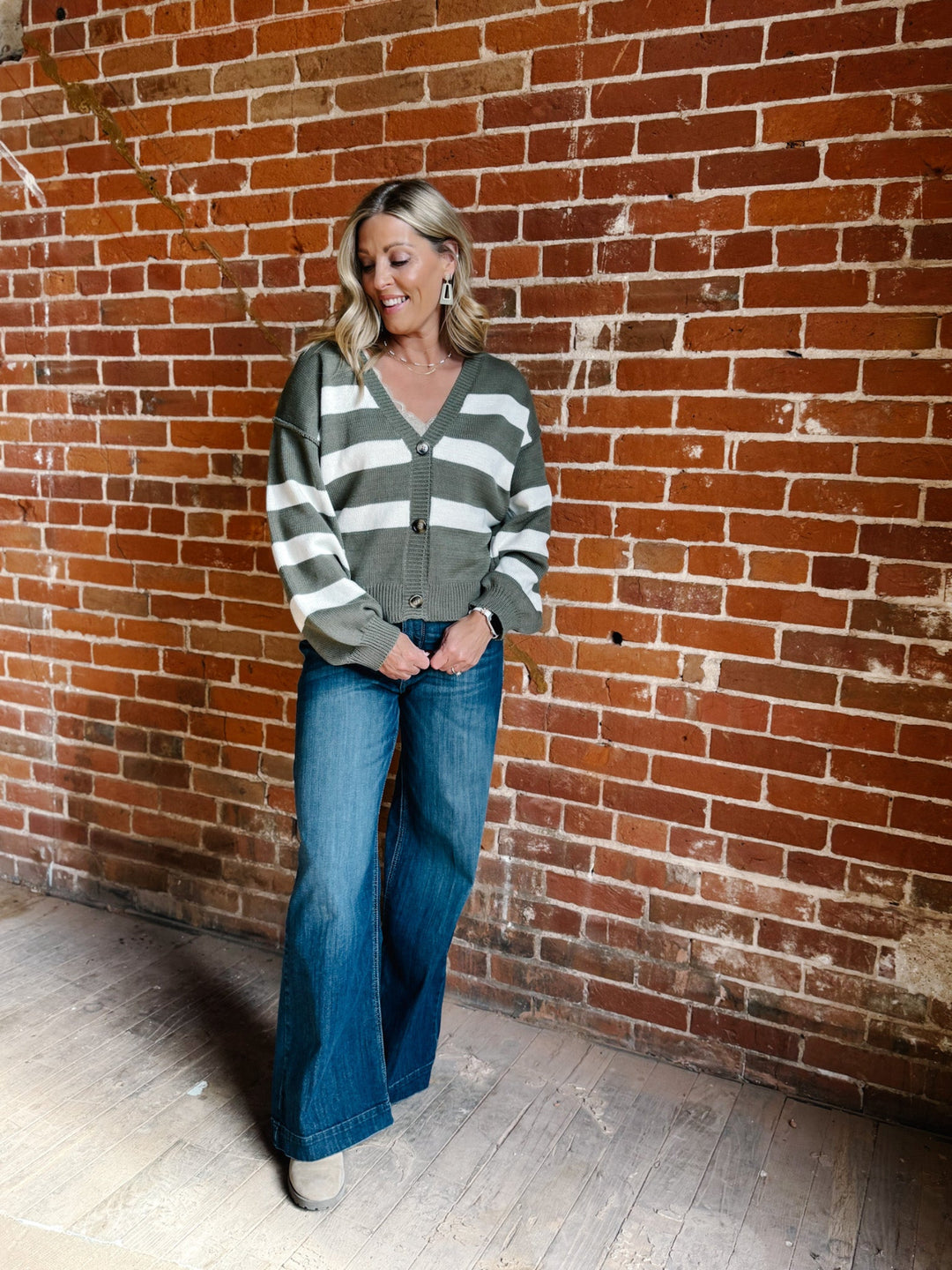 The Olive Lane Stiped Cardigan, Olive & Cream