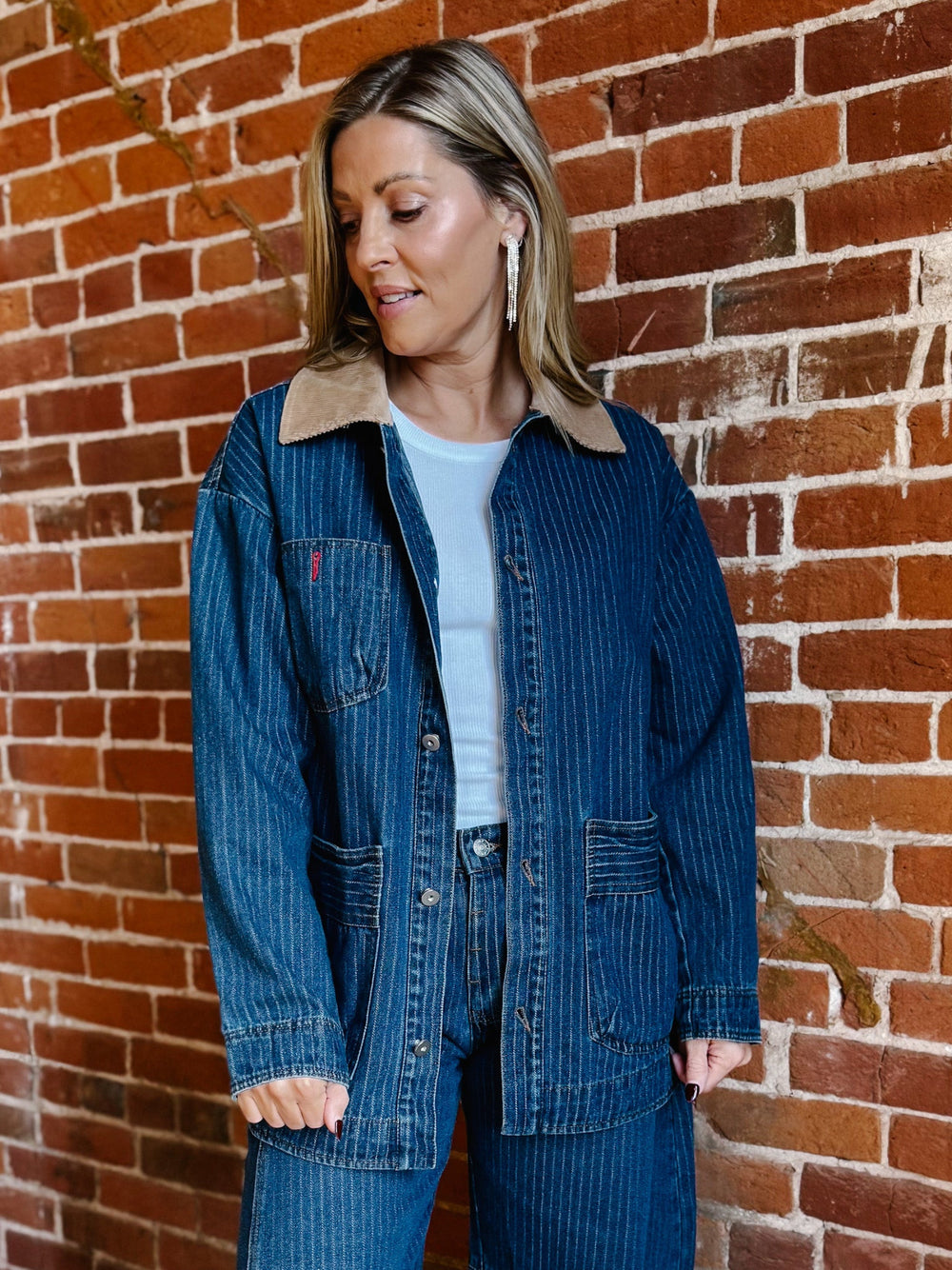 The Rowan Oversized Pinstripe Denim Jacket, Dark Wash