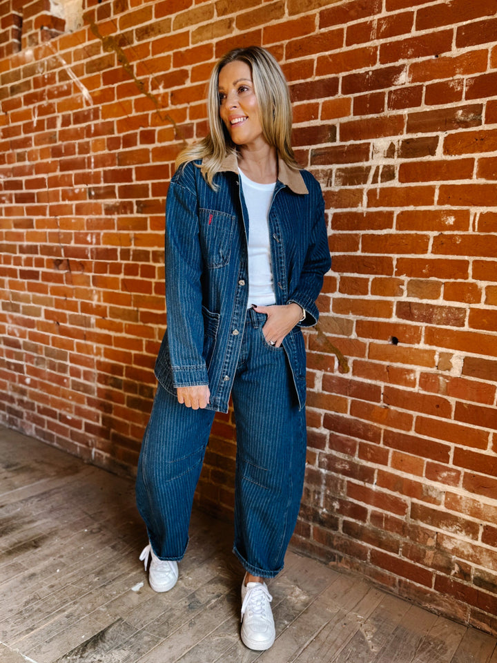 The Rowan Oversized Pinstripe Denim Jacket, Dark Wash