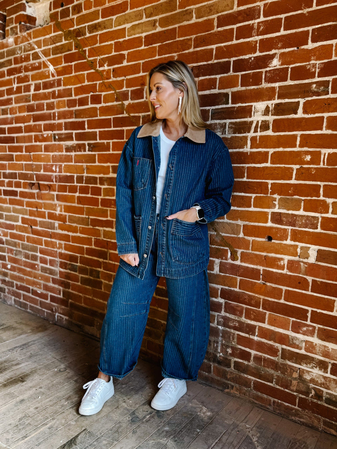 The Rowan Oversized Pinstripe Denim Jacket, Dark Wash