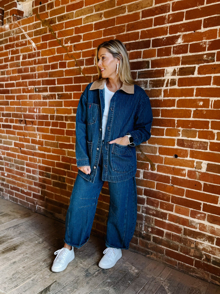 The Rowan Oversized Pinstripe Denim Jacket, Dark Wash