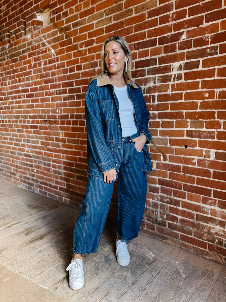 The Rowan Oversized Pinstripe Denim Jacket, Dark Wash