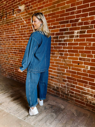 The Rowan Oversized Pinstripe Denim Jacket, Dark Wash