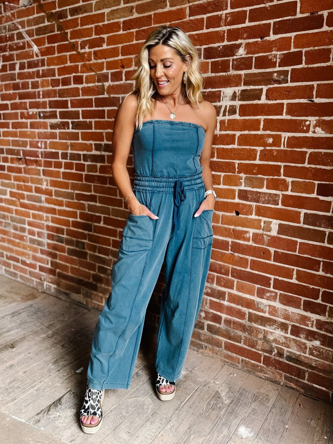 The Seaside Mineral Wash Strapless Jumpsuit, Teal