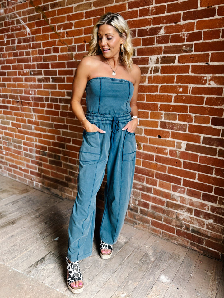 The Seaside Mineral Wash Strapless Jumpsuit, Teal