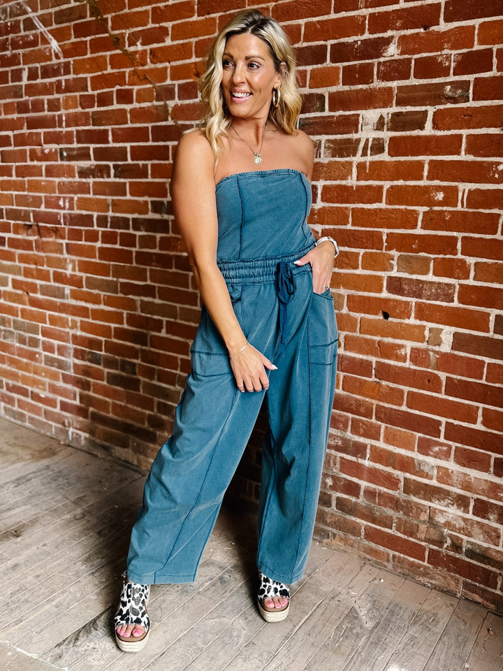 The Seaside Mineral Wash Strapless Jumpsuit, Teal