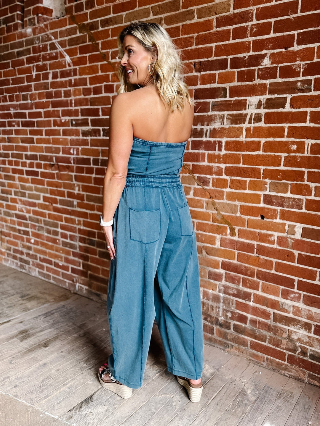 The Seaside Mineral Wash Strapless Jumpsuit, Teal
