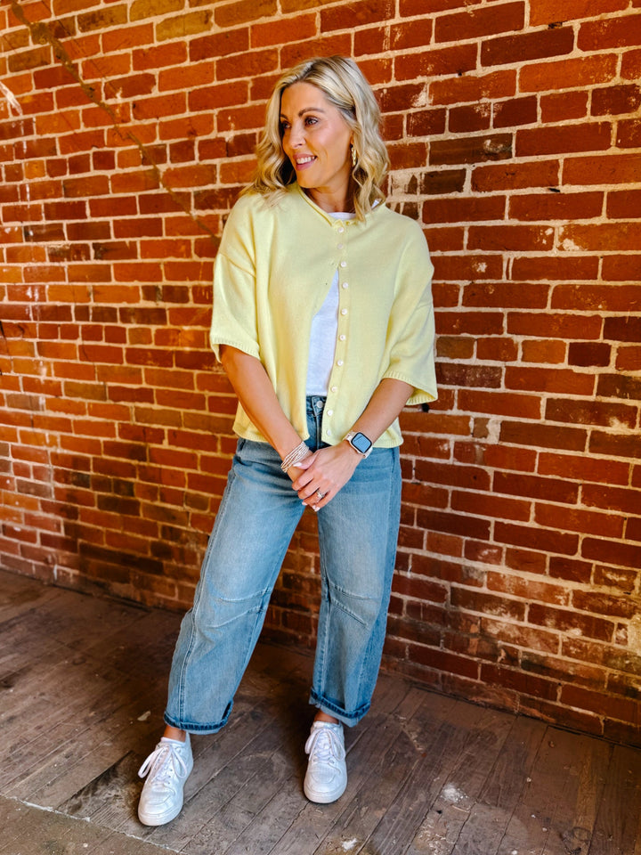 The Soft Landing Button Down Half Sleeve Cardigan, Butter Yellow
