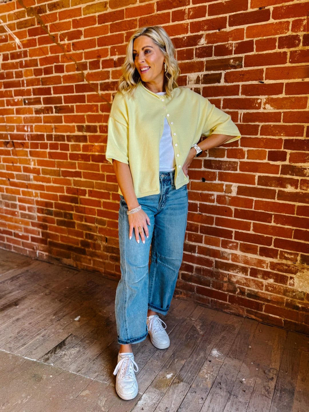 The Soft Landing Button Down Half Sleeve Cardigan, Butter Yellow