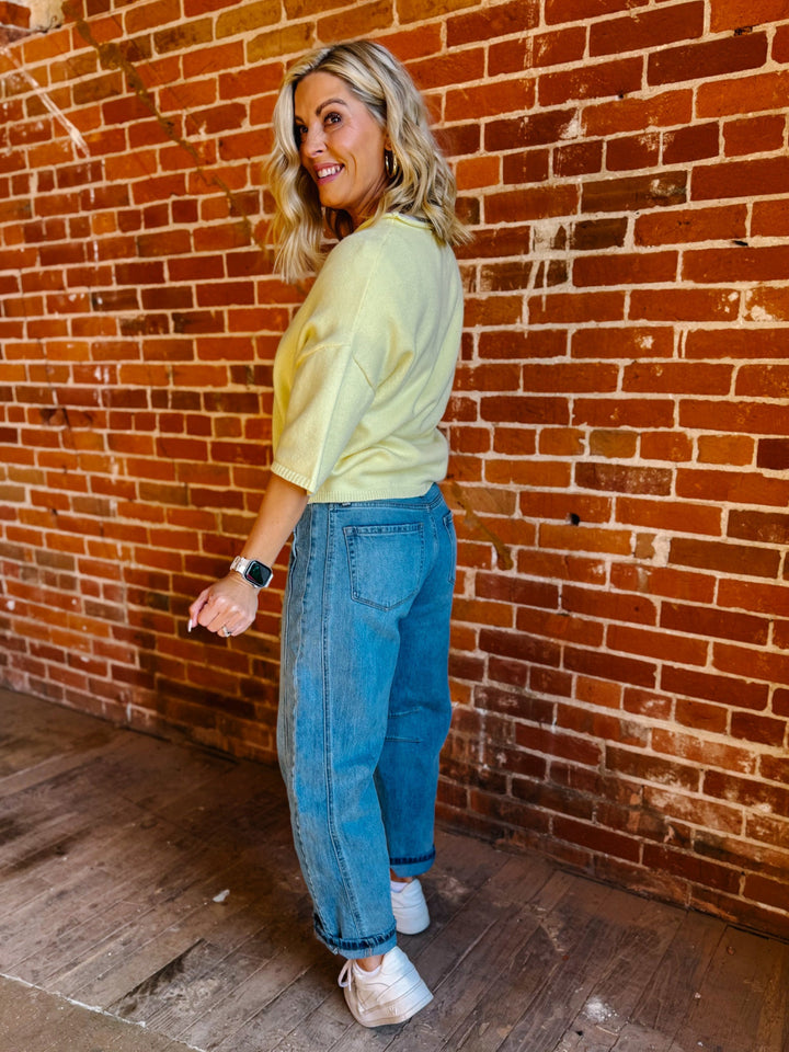 The Soft Landing Button Down Half Sleeve Cardigan, Butter Yellow