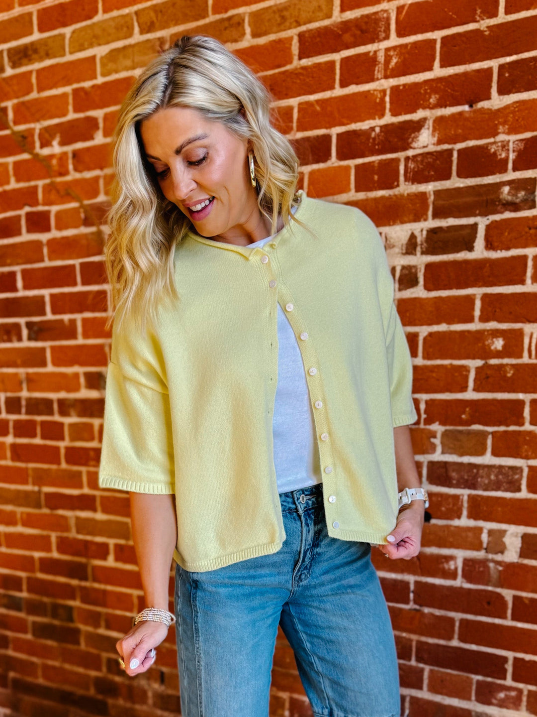 The Soft Landing Button Down Half Sleeve Cardigan, Butter Yellow