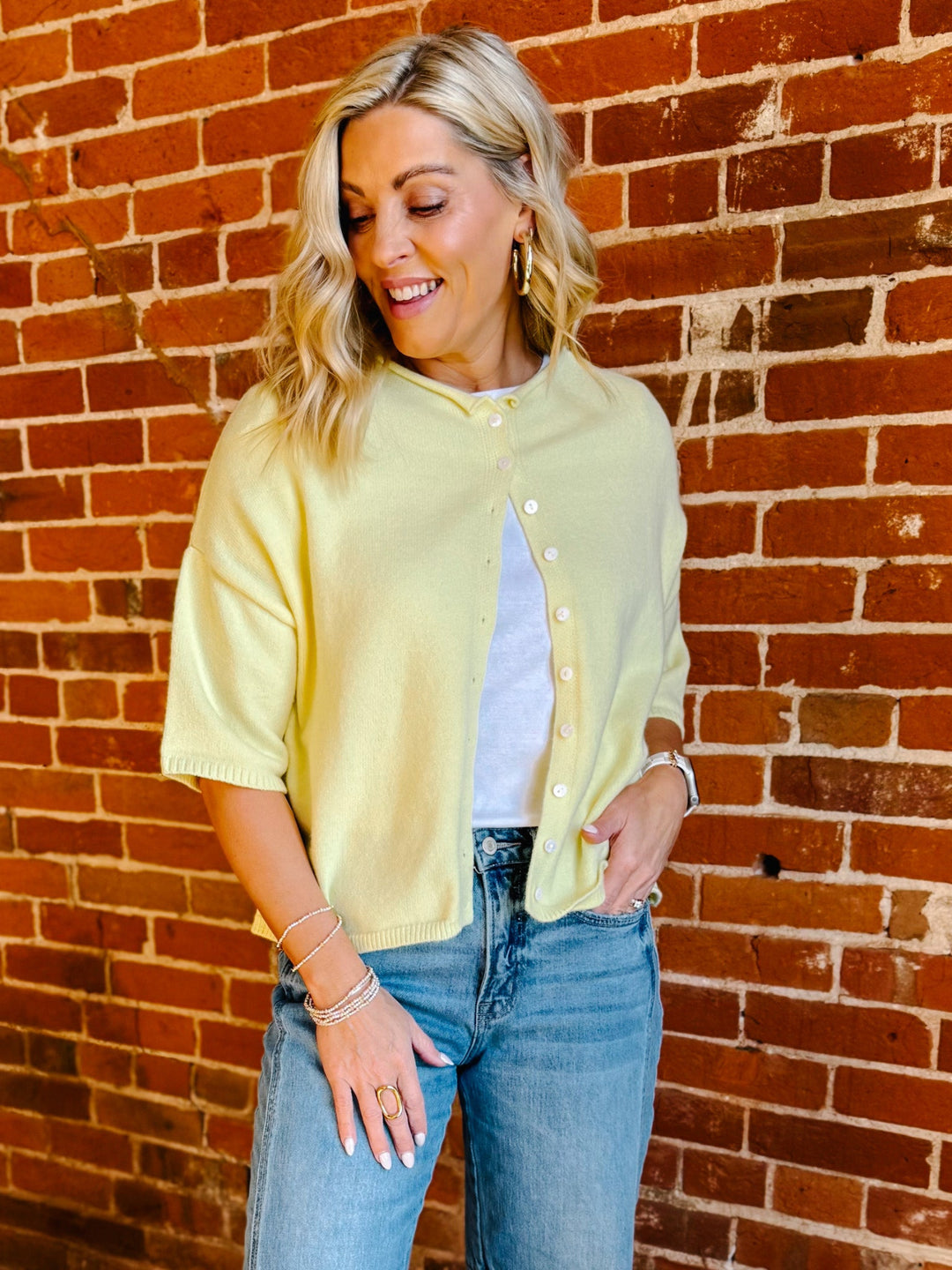 The Soft Landing Button Down Half Sleeve Cardigan, Butter Yellow