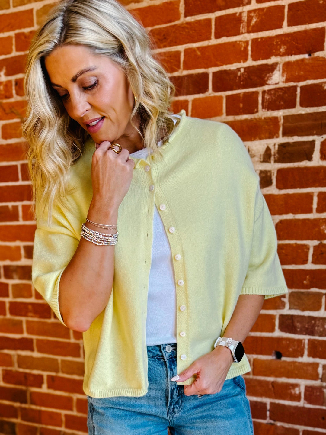 The Soft Landing Button Down Half Sleeve Cardigan, Butter Yellow