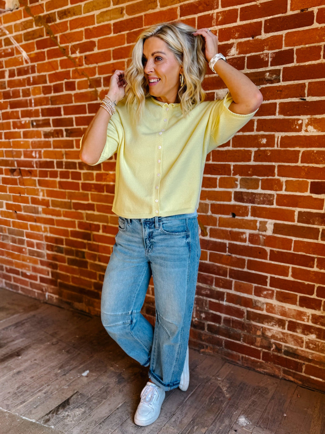 The Soft Landing Button Down Half Sleeve Cardigan, Butter Yellow