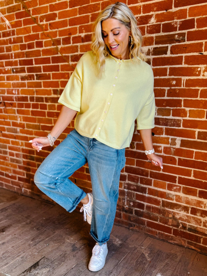 The Soft Landing Button Down Half Sleeve Cardigan, Butter Yellow